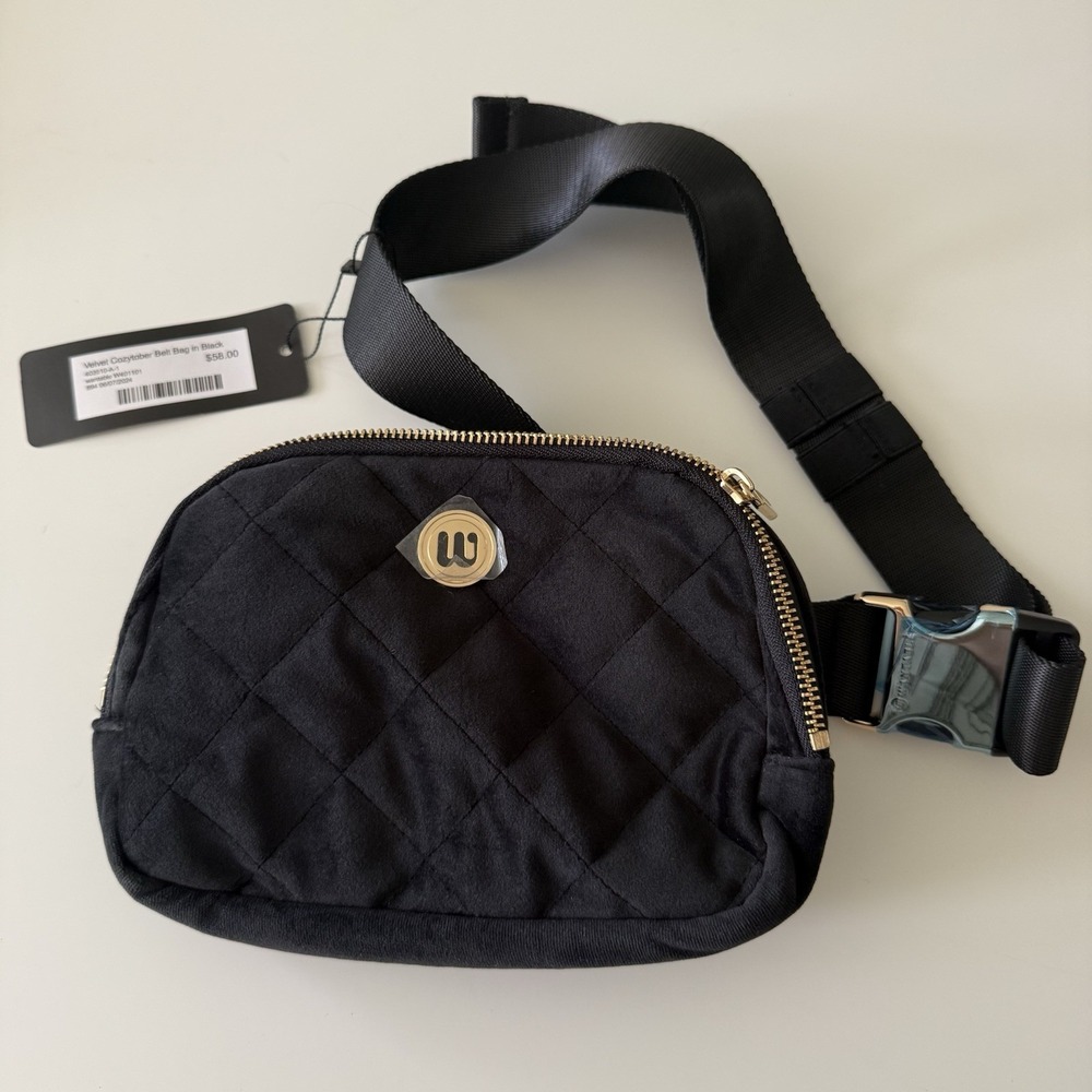 Wantable Velvet Cozytober Quilted Belt Bag Black Gold Crossbody Fanny Pack NEW